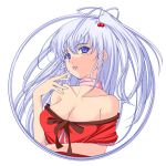  1girl aka_ringo azuma_shoujuan bare_shoulders blue_eyes breasts choker circle cleavage female hand_to_own_mouth light_smile long_hair mystic_square shinki side_ponytail silver_hair solo touhou undressing upper_body 