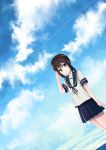  1girl absurdres bangs blue_ribbon blue_skirt blue_sky blush brown_eyes brown_hair closed_mouth clouds cloudy_sky collarbone commentary_request day eyebrows_visible_through_hair fingernails fubuki_(kantai_collection) green_sailor_collar gyahu hair_between_eyes hand_up highres horizon kantai_collection looking_at_viewer neck_ribbon ocean outdoors pleated_skirt ribbon sailor_collar salute shirt short_sleeves sidelocks skirt sky smile solo water white_shirt 