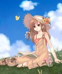  1girl barefoot book bottle brown_hair butterfly clouds feet grass hat indian_style kuga_tsukasa long_hair off_shoulder outdoors overalls peaceful ribbon shoes shoes_removed sitting sky smile sneakers solo sun_hat toes 