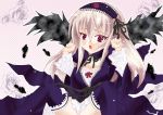 00s 1girl bangs black_wings breasts cleavage doll_joints feathers flower frills gothic_lolita hairband lolita_fashion lolita_hairband open_mouth red_eyes rose rozen_maiden silver_hair solo spread_legs suigintou wings 
