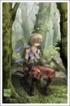  1boy belt boots brown_hair fantasy flute forest grass instrument leaf male_focus nature outdoors peaceful redviolet2 scarf solo tree wind 