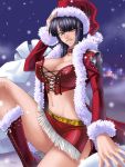  1girl black_hair blush boots breasts bustier choker christmas cleavage corset cross-laced_clothes female fringe front-tie_top fur_trim hat kagami_hirotaka lace_up_front large_breasts legs lingerie long_hair looking_at_viewer midriff miniskirt navel nico_robin one_piece outdoors pencil_skirt red_shoes santa_costume santa_hat shoes skirt smile snow snowing solo underwear yellow_eyes 