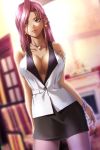  1girl bracelet breasts business_suit center_opening cleavage earrings erect_nipples highres ijichi_miho jewelry large_breasts lipstick long_hair makeup mature milf miniskirt nakamura_nishiki necklace no_bra open_clothes open_shirt pantyhose pencil_skirt pink_hair purple_legwear shirt skirt sleeveless sleeveless_shirt smile sodom_no_shima sodom_no_shima:_night_of_blind solo tattoo violet_eyes 