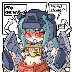  1girl angry aqua_hair autobot fang goggles grimlock lowres mecha_musume midriff navel oekaki red_eyes science_fiction solo transformers 