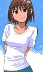  1girl aliasing arms_behind_back artist_request ayase_fuuka brown_eyes brown_hair eyebrows looking_at_viewer lowres shirt short_hair smile solo t-shirt thick_eyebrows white_shirt yotsubato! 