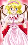 1girl alice_margatroid bat_wings blonde_hair blue_eyes blush bow buttons cosplay eyebrows eyebrows_visible_through_hair female flx flying_sweatdrops frilled_shirt_collar frills hairband open_mouth pink_shirt pink_skirt puffy_short_sleeves puffy_sleeves red_bow red_ribbon remilia_scarlet remilia_scarlet_(cosplay) ribbon sash shirt short_hair short_sleeves skirt solo tareme touhou wings 
