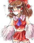  1girl :&lt; adapted_costume bare_arms blush bow breasts brown_eyes brown_hair cheerleader eyebrows eyebrows_visible_through_hair female flx frilled_shirt_collar frills hair_bow hair_tubes hakurei_reimu lowres medium_breasts midriff miniskirt oekaki phantasmagoria_of_flower_view pleated_skirt pom_poms red_bow red_ribbon red_shirt red_skirt ribbon ribbon-trimmed_skirt shirt simple_background skirt sleeveless sleeveless_shirt solo thigh-highs touhou white_background white_ribbon 