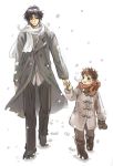  2boys azuma_shouko black_hair emiya_kiritsugu emiya_shirou fate/stay_night fate_(series) father_and_son formal gloves male_focus multiple_boys redhead scarf snow snowing 