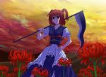  1girl female hair_bobbles hair_ornament nature onozuka_komachi outdoors plant scythe sky solo touhou tsuyadashi_shuuji 