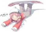  1girl blush closed_eyes crying hat kantoku kiriyama_sakura long_sleeves open_mouth pants pink_hair sakura_musubi short_hair simple_background snow snowboard solo tears 