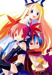  blonde_hair blue_eyes blush choker collar demon_girl demon_tail disgaea etna fallen_angel flat_chest flonne flonne_(fallen_angel) hair_ribbon harada_takehito laharl leather long_hair makai_senki_disgaea pointy_ears prinny red_eyes redhead ribbon scarf short_hair skirt skull tail thigh-highs twintails 