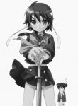  2girls ahoge bow hands_on_hilt headband monochrome multiple_girls ogata_matake ribbon screencap shakugan_no_shana shana shinai skirt solo_focus sword weapon 