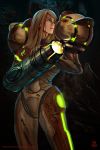  1girl arm_cannon armor blonde_hair blood blood_on_face blue_eyes derivative_work glowing gun headwear_removed helmet helmet_removed highres ivan_flores long_hair looking_away metroid neon_trim nintendo power_armor realistic samus_aran signature solo standing varia_suit watermark weapon web_address 