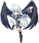  1girl ahoge black_boots black_wings blue_eyes blue_hair blush boots breasts frills grey_eyes kamyu large_breasts omiso omiso_(omiso) open_mouth silver_hair simple_background skirt solo utawareru_mono white_background wings 