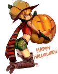  1girl ass blonde_hair boots green_eyes halloween happy_halloween hat jack-o&#039;-lantern midriff original pumpkin pumpkin_hat qiqo scarf solo striped striped_scarf thigh-highs thigh_boots white_background 