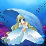  1girl blonde_hair blue blue_background blue_eyes detached_sleeves dress fish jewelry long_hair necklace oyster pearl shell shy suzushiro_kurumi underwater white_dress 