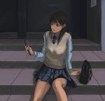  1girl cellphone face original phone school_uniform serafuku sitting solo stairs sweater sweater_vest tea_(nakenashi) vest 