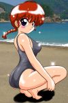  1girl barefoot beach blue_eyes blush braid feet genderswap genderswap_(mtf) kj_(k777) one-piece_swimsuit ranma-chan ranma_1/2 redhead saotome_ranma shiny single_braid soles solo squatting swimsuit 