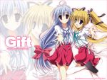  2girls :d ahoge artist_name black_shoes blonde_hair bow brown_eyes character_name copyright_name fujimiya_chisa gift_(game) gift_eternal_rainbow hair_bow hair_ribbon hand_on_another&#039;s_shoulder kamishiro_yukari kamishiro_yukari_(gift) long_hair long_sleeves low-tied_long_hair multiple_girls naruse_mamoru neck_ribbon open_mouth reaching_out ribbon school_uniform serafuku shoes skirt smile standing standing_on_one_leg thigh-highs tied_hair twintails very_long_hair violet_eyes white_legwear zoom_layer 