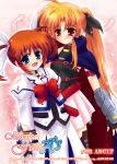  00s 2girls belt blonde_hair cape cover cover_page doujin_cover fate_testarossa feathers female fingerless_gloves gloves lyrical_nanoha magical_girl mahou_shoujo_lyrical_nanoha multiple_girls red_eyes shaian takamachi_nanoha twintails 
