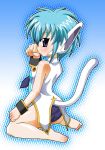  00s 1girl :p animal_ears aqua_hair barefoot blue_eyes blue_hair breasts broccoli_(company) cat_ears cat_tail feet galaxy_angel galaxy_angel_rune gradient gradient_background kneeling licking looking_at_viewer looking_back nano-nano_pudding short_hair simple_background small_breasts soles solo tail toes tongue tongue_out uniform 