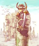  1boy bird castle city hat horns ico ico_(character) male_focus solo squatting surcoat sword tabard taiki_miyu weapon wind 