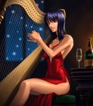  1girl bangs bare_arms bare_shoulders black_hair bottle breasts brown_eyes choker cleavage cup dress female harp instrument kagami_hirotaka large_breasts legs long_hair long_legs looking_at_viewer nico_robin night one_piece parted_lips red_dress shiny side_slit sitting sleeveless sleeveless_dress solo thighs wine_glass 