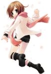  1girl black_boots black_shorts blush boots brown_hair from_behind green_eyes grey_eyes knee_boots long_sleeves looking_at_viewer looking_back original red_scarf sazaki_ichiri scarf short_hair short_shorts shorts simple_background smile solo white_background 