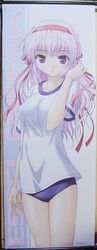  1girl bekkankou buruma collarbone estel_freesia exif_thumbnail_surprise gym_uniform hair_ribbon hair_tucking highres legs long_hair long_image looking_at_viewer photo pink_hair ribbon solo standing stick_poster tall_image thighs uniform violet_eyes wavy_hair yoake_mae_yori_ruri_iro_na 