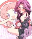  2girls artist_request bare_legs bare_shoulders blush code_geass cornelia_li_britannia euphemia_li_britannia from_above long_hair looking_at_viewer looking_up multiple_girls pillow pink_hair purple_hair short_hair sidelocks simple_background violet_eyes white_background 