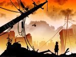  00s 1girl 2boys city clouds flcl flying ground_vehicle haruhara_haruko motor_vehicle multiple_boys nandaba_naota power_lines ruins scooter shorts silhouette sky standing sunset telephone_pole translated urban vector_trace vehicle vespa wallpaper 
