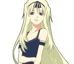  1girl bangs blonde_hair collarbone eyebrows eyebrows_visible_through_hair flat_chest hairband iqu kusugawa_sasara long_hair looking_at_viewer parted_lips ribbon simple_background sleeveless solo to_heart_2 upper_body violet_eyes white_background 