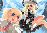  2girls alice_margatroid blonde_hair blue_eyes bow broom broom_riding brown_eyes capelet dress female hairband hat hat_bow kirisame_marisa long_hair multiple_girls open_mouth short_hair sidesaddle sitting sitting_on_object sky smile socks touhou white_legwear witch_hat yuu_(kfc) 