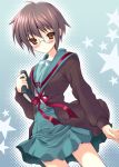  1girl blush book cardigan glasses kyougoku_shin nagato_yuki school_uniform serafuku short_hair skirt solo suzumiya_haruhi_no_yuuutsu 