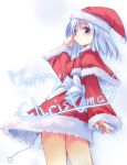  1girl blue_eyes blue_hair blush bow christmas hat jirou_(chekoro) merry_christmas santa_costume santa_hat silver_hair solo 