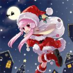  1girl bell boots christmas christmas_lights christmas_tree earmuffs finger_to_mouth full_moon hat knee_boots long_hair moon night original pink_hair red_eyes sack santa_claus santa_costume santa_hat scarf shushing silhouette snow snowing solo tsunako 