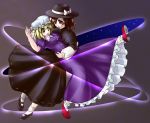  2girls blonde_hair bonnet bow brown_eyes brown_hair dancing dress female footwear frills ghostly_field_club grin hair_over_one_eye hand_holding hat hat_bow holding jerry magical_astronomy maribel_hearn mary_janes mob_cap multiple_girls open_mouth purple_dress red_shoes ribbon shoes smile socks star surprised touhou usami_renko yellow_eyes 