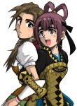  2girls arm_guards artist_request back-to-back bernadette_egan brown_hair gensou_suikoden gensou_suikoden_v hair_rings locked_arms looking_at_viewer miakis multiple_girls ponytail purple_hair short_hair simple_background violet_eyes white_background 