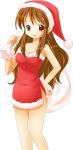  1girl asahina_mikuru bangs bare_shoulders breasts brown_hair christmas cleavage dress female fur_trim hand_on_hip hat long_hair long_image looking_at_viewer michii_yuuki open_mouth red_eyes sack santa_costume santa_hat short_dress side_slit sidelocks simple_background solo strapless strapless_dress suzumiya_haruhi_no_yuuutsu tall_image white_background 