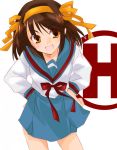  1girl brown_hair school_uniform serafuku short_hair solo suzumiya_haruhi suzumiya_haruhi_no_yuuutsu utsubo_kazura 