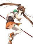  1girl boots brown_eyes brown_hair eiyuu_densetsu estelle_bright fingerless_gloves gloves jacket long_hair orange_skirt rod satomi skirt smile solo sora_no_kiseki staff thigh-highs twintails white_background white_legwear zettai_ryouiki 