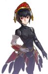  1girl android atlus black_hair breasts elbow_gloves face gloves headdress heebee latex lowres medium_breasts metis persona persona_3 red_eyes short_hair solo 