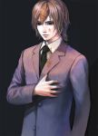  1boy black_background black_eyes brown_hair expressionless formal hand_on_own_chest kishida_mel male_focus necktie solo suit 