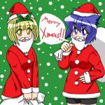  2girls animal_ears blonde_hair blue_eyes blue_hair cat_ears christmas fake_mustache hairband hand_on_hip hat kurusu_yuzuko long_sleeves lowres merry_christmas multiple_girls pani_poni_dash! sack santa_costume santa_hat serizawa_akane short_hair snowing x-mas yellow_eyes 