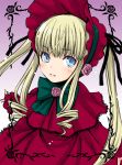  00s 1girl blonde_hair blue_eyes bonnet bow dress face flower gradient gradient_background green_bow ha-ru long_hair looking_at_viewer pink_rose purple_background red_dress rose rozen_maiden shawl shinku sidelocks solo twintails upper_body white_background 