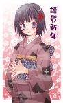  1girl black_hair blue_eyes flower gotou_hayako japanese_clothes kimono new_year smile solo 