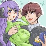  1boy 1girl ahoge blush box breasts brown_eyes brown_hair hanyuu higurashi_no_naku_koro_ni hood hoodie horns large_breasts long_sleeves lowres maebara_keiichi oekaki open_mouth purple_hair smile turtleneck violet_eyes 