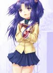  1girl blue_hair book book_hug clannad hair_bobbles hair_ornament holding holding_book ichinose_kotomi kishida_mel open_mouth pleated_skirt school_uniform serafuku skirt solo two_side_up violet_eyes 