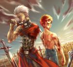  2boys amputee archer blood dark_skin dark_skinned_male emiya_shirou fate/stay_night fate_(series) field_of_blades injury male_focus manly multiple_boys scar shirtless stitches unlimited_blade_works 