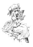  1girl crescent female hat long_hair monochrome patchouli_knowledge solo tokiame touhou 